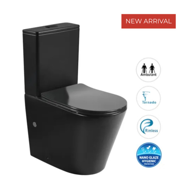 Radiant Tornado and Rimless Flush Toilet Suite Slim Seat Matt Black