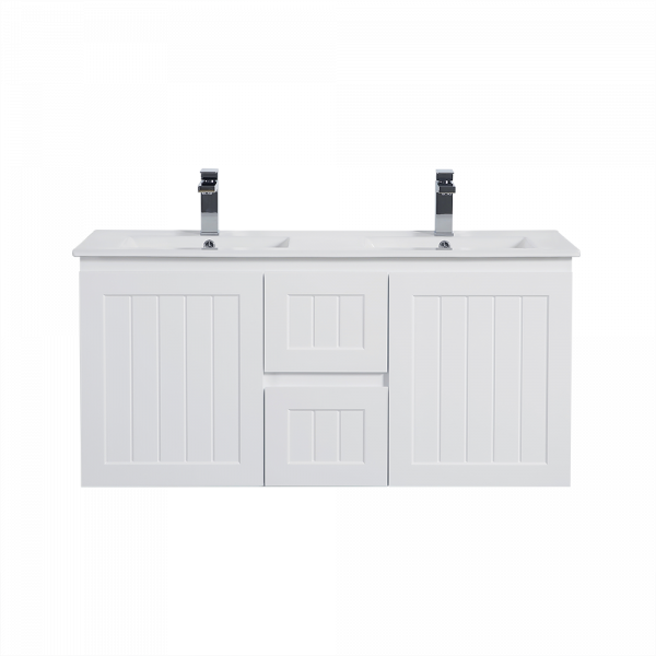 Acacia Shaker Door Water Proof Wall Double Cabinet - Matte White Vanity 1200x460x560