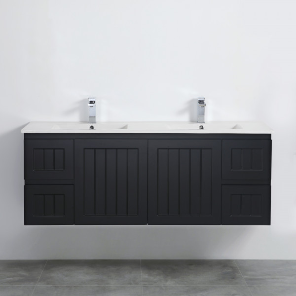 Acacia Shaker Door Water Proof Wall Double Cabinet - Matte Black Vanity 1500x460x560