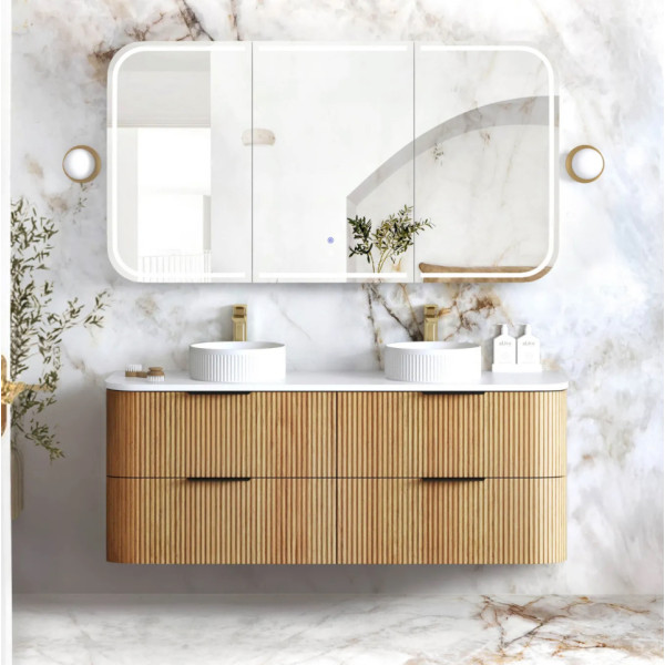 Havana 1500mm Woodland Oak Fluted Wall Hung Fluted Curve Vanity HAW1500L