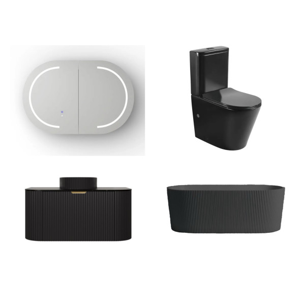 Fluted Items Package sale-Black 600mm Vanity, Shaving Cabinet, Toilet, Bath